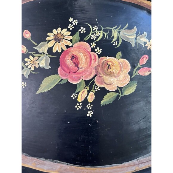 Vintage Large Floral Hand Painted Oval Tole Tray Black Tin Cottage Country Metal - Picture 4 of 7
